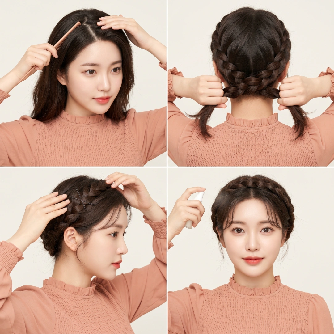 Four-step milkmaid braid pro tips showing tail comb parting, braid crossing from back, crisscross bobby pin securing side view, and hairspray finish front view