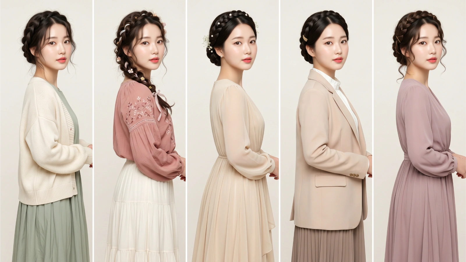 Five side-profile milkmaid braid occasion styles: casual loose braid, festival boho braid, wedding polished braid, office neat braid, and date night soft braid