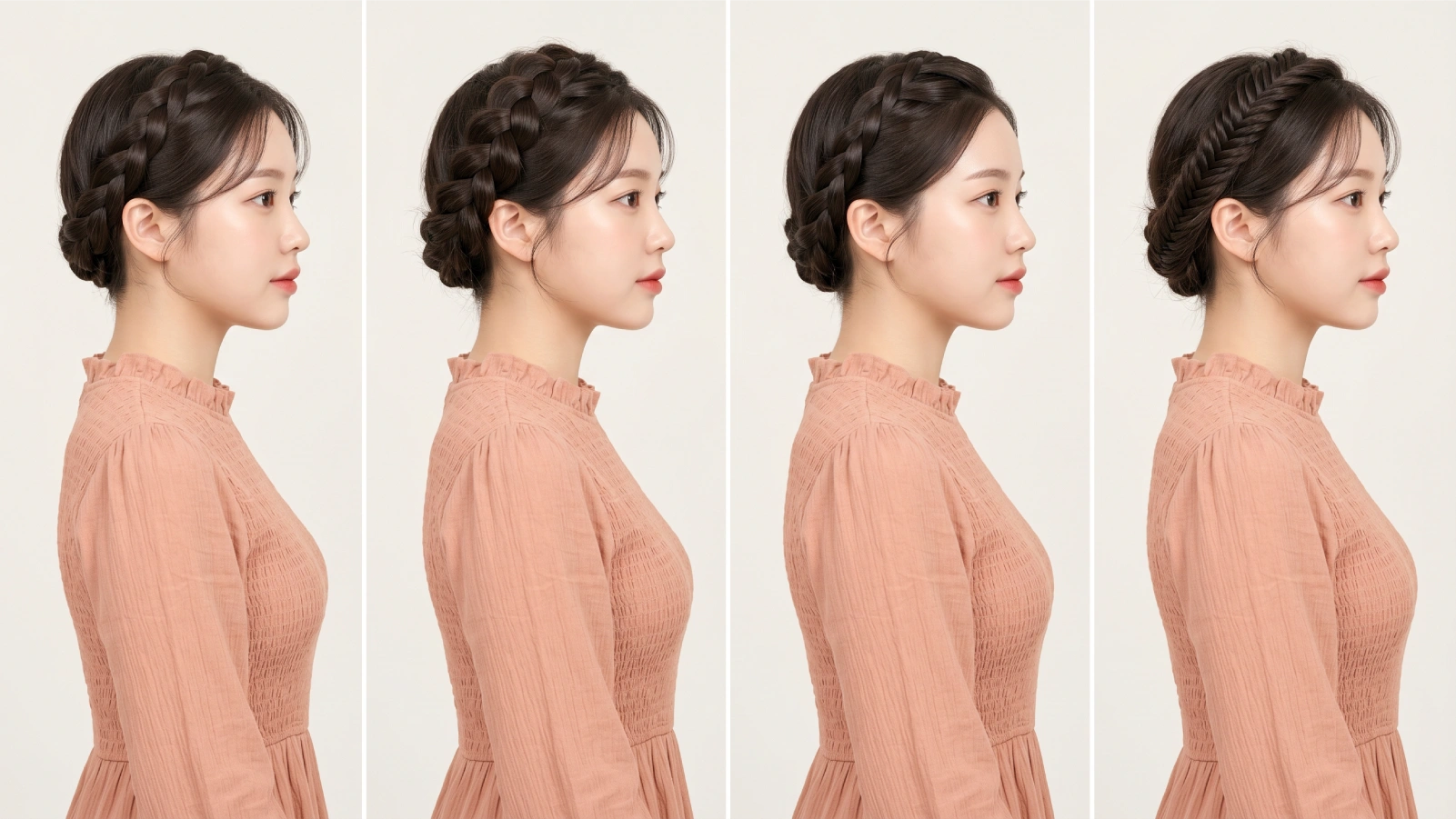Four side-profile milkmaid braid variations: standard three-strand, dutch inverted, french scalp braid, and fishtail weave