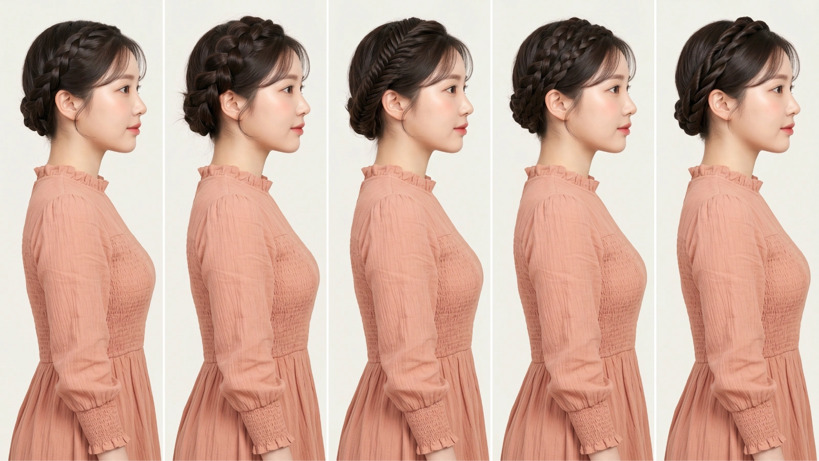 Five side-profile milkmaid braid variations: french scalp braid, dutch raised braid, fishtail woven braid, double crown braid, and twisted rope braid