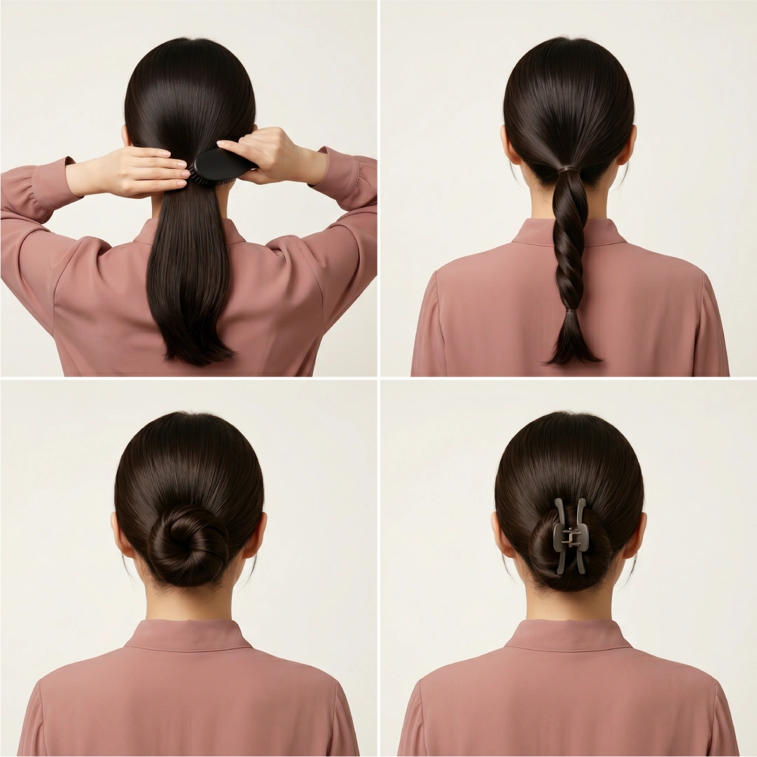 Four-step sleek low claw clip bun showing brushed ponytail, tight twist, flat coil at nape, and vertical clip placement