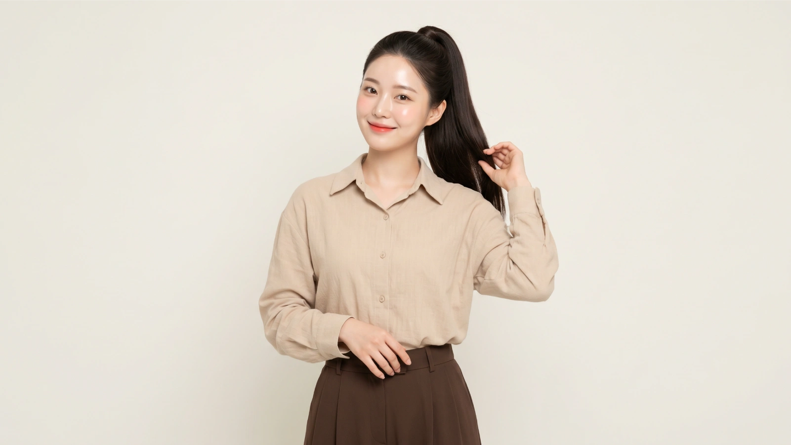 Woman shown from front and side holding her sleek high ponytail demonstrating a polished all-day finish