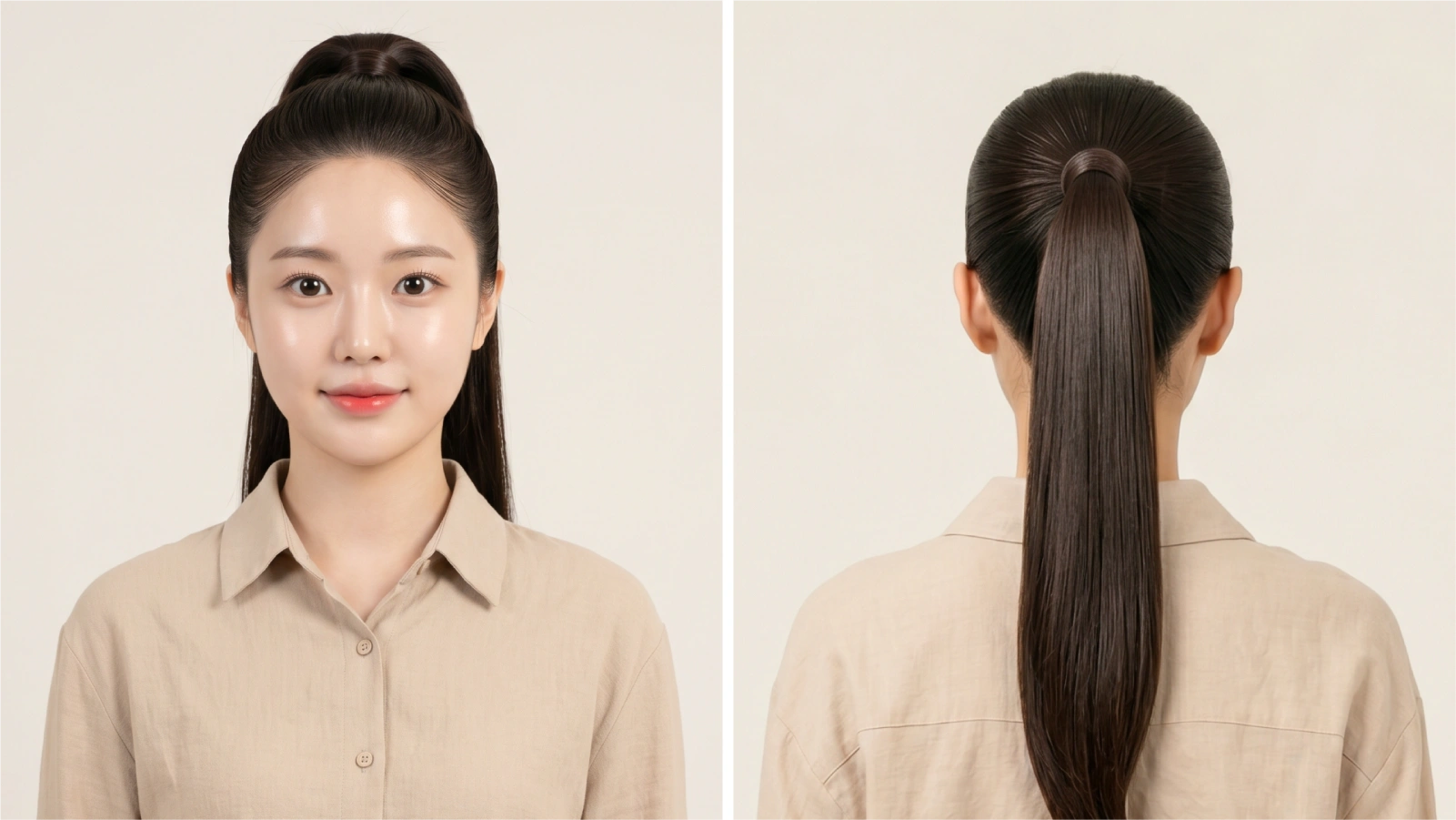 Finished sleek ponytail shown from front and back on dark straight hair with smooth high gather