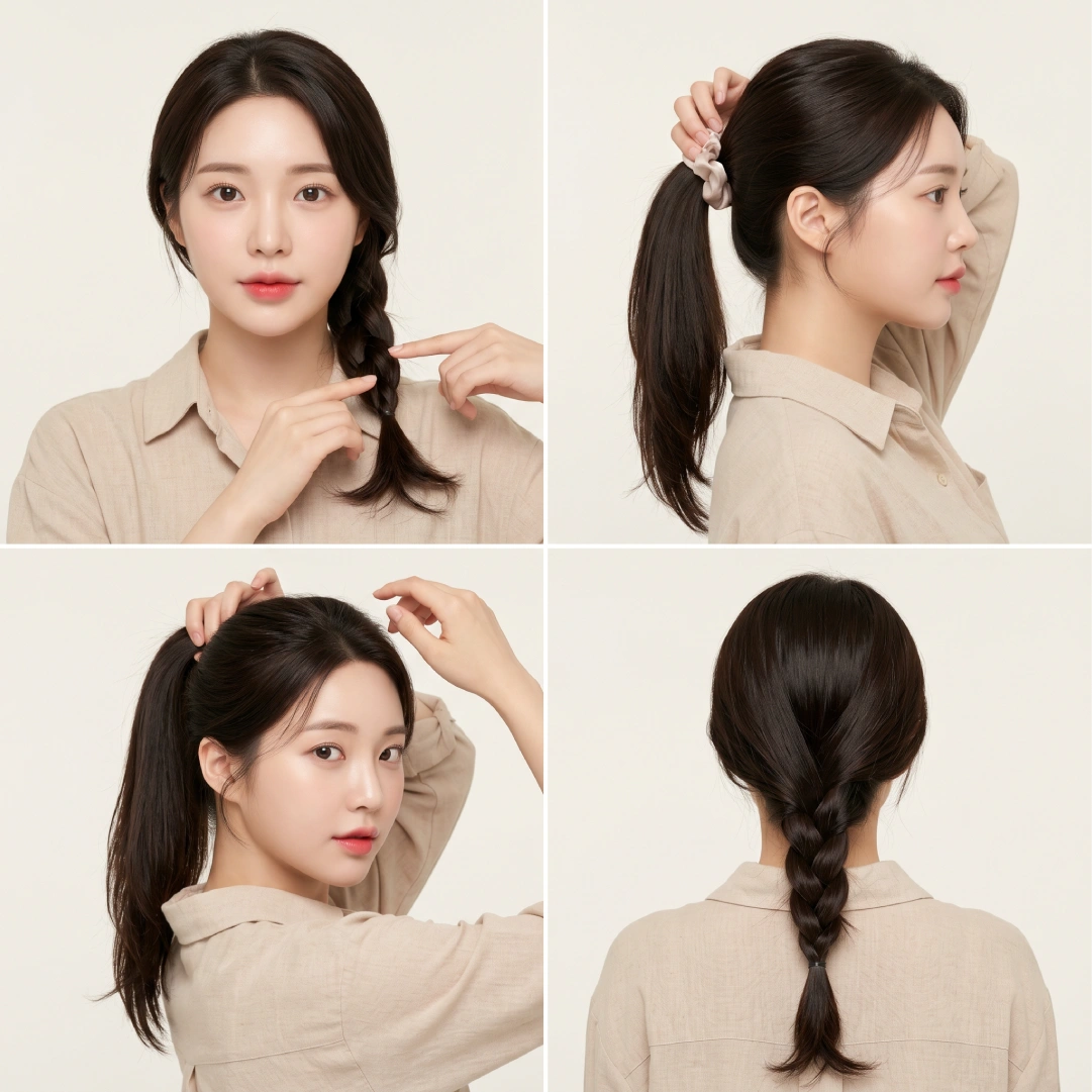 Four protective alternatives to the sleek ponytail showing loose braid, silk scrunchie, varied placement, and low braid to reduce tension