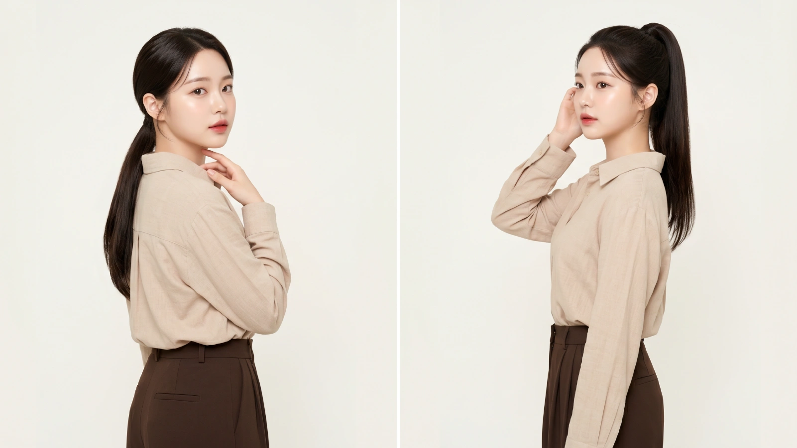 Two side-profile views showing low and high sleek ponytail placement suited to different face shapes