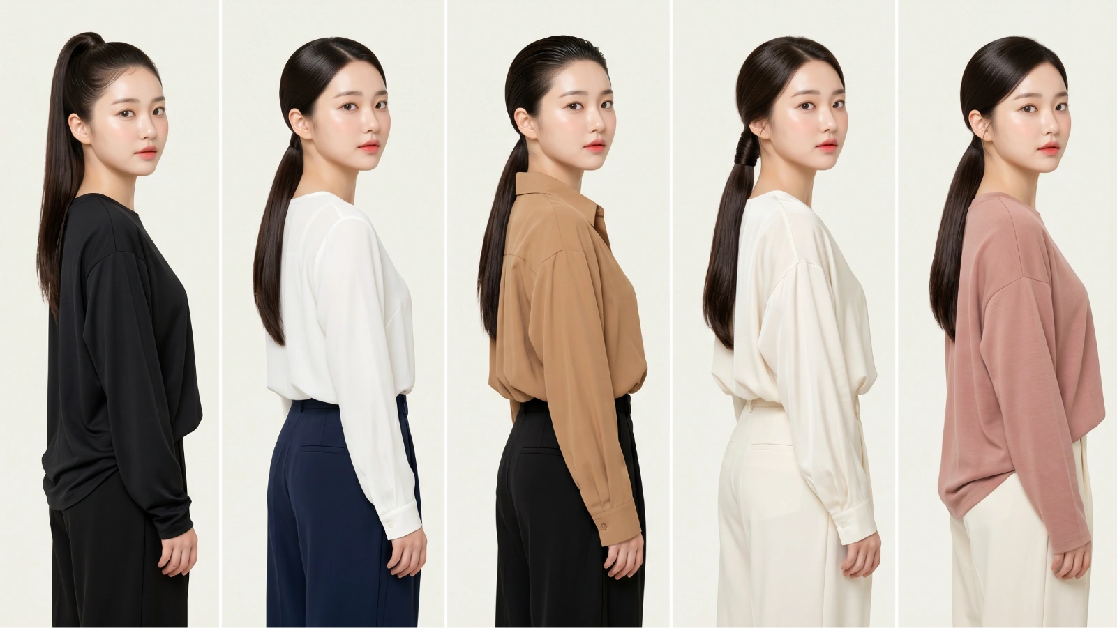 Five sleek ponytail variations in side profile: high, low, slicked-back, wrapped-base, and sleek side pony