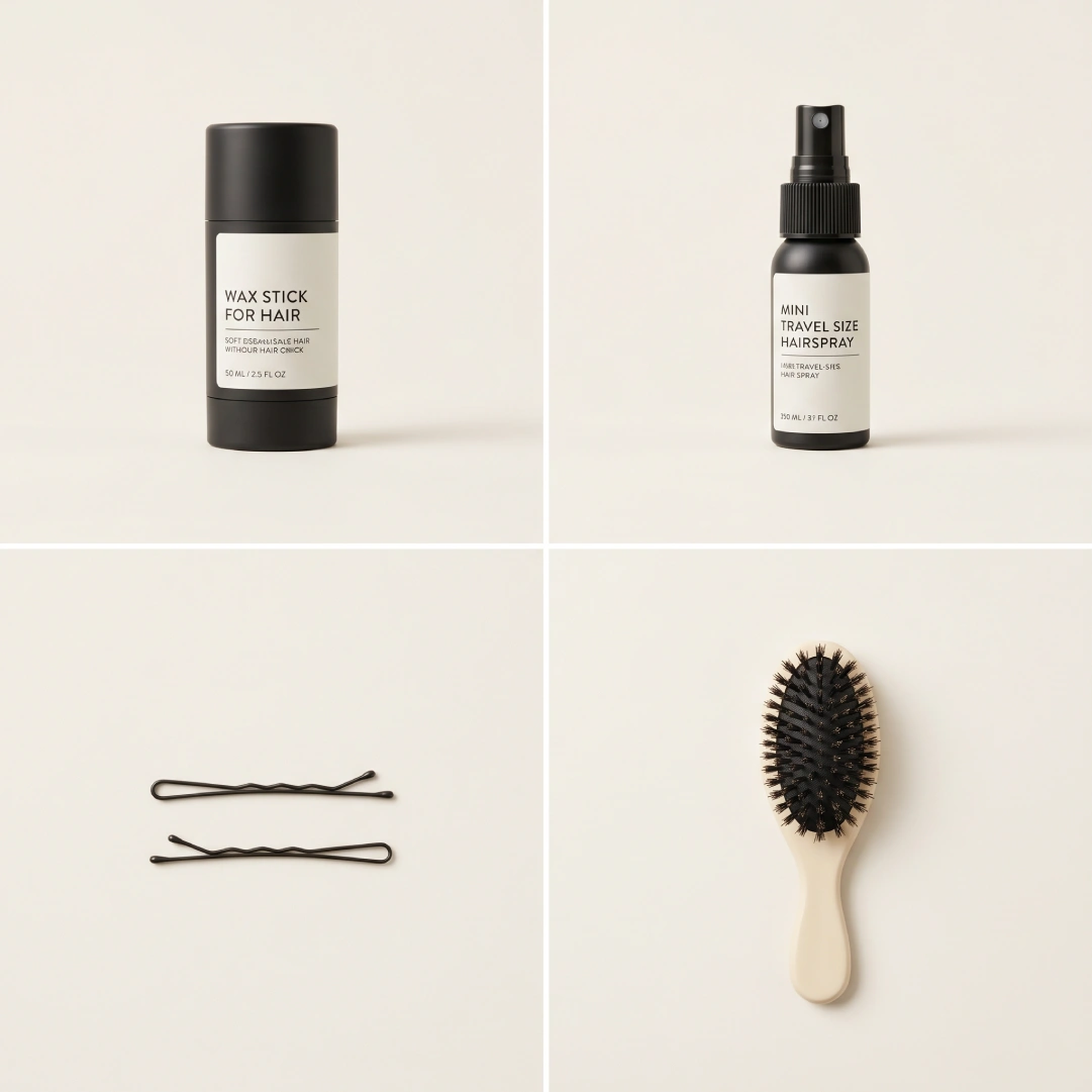 Four sleek ponytail touch-up essentials flat lay: wax stick, mini travel hairspray, bobby pins, and boar bristle brush