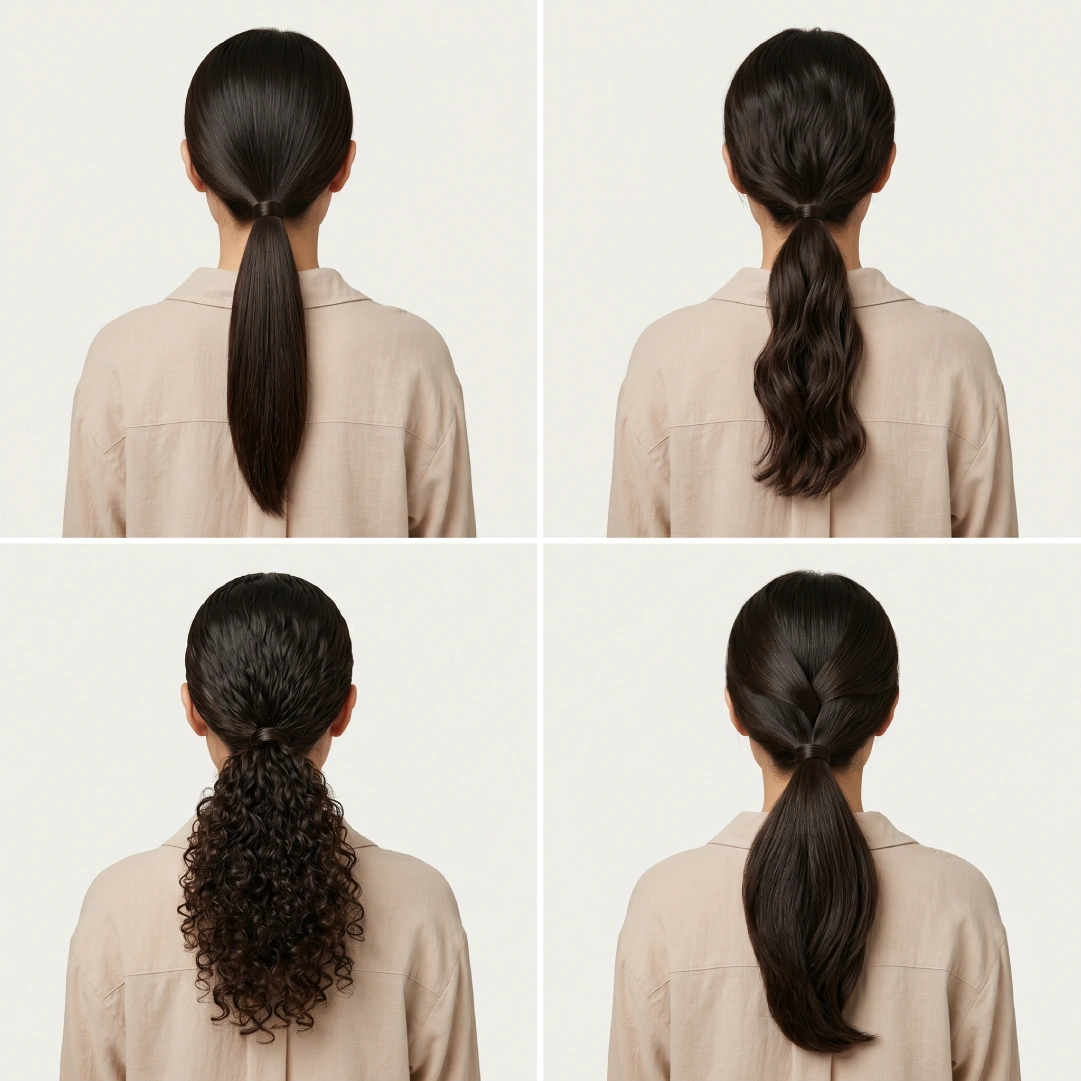 Four heat-free sleek ponytail results from back view on straight, wavy, curly, and thick hair types