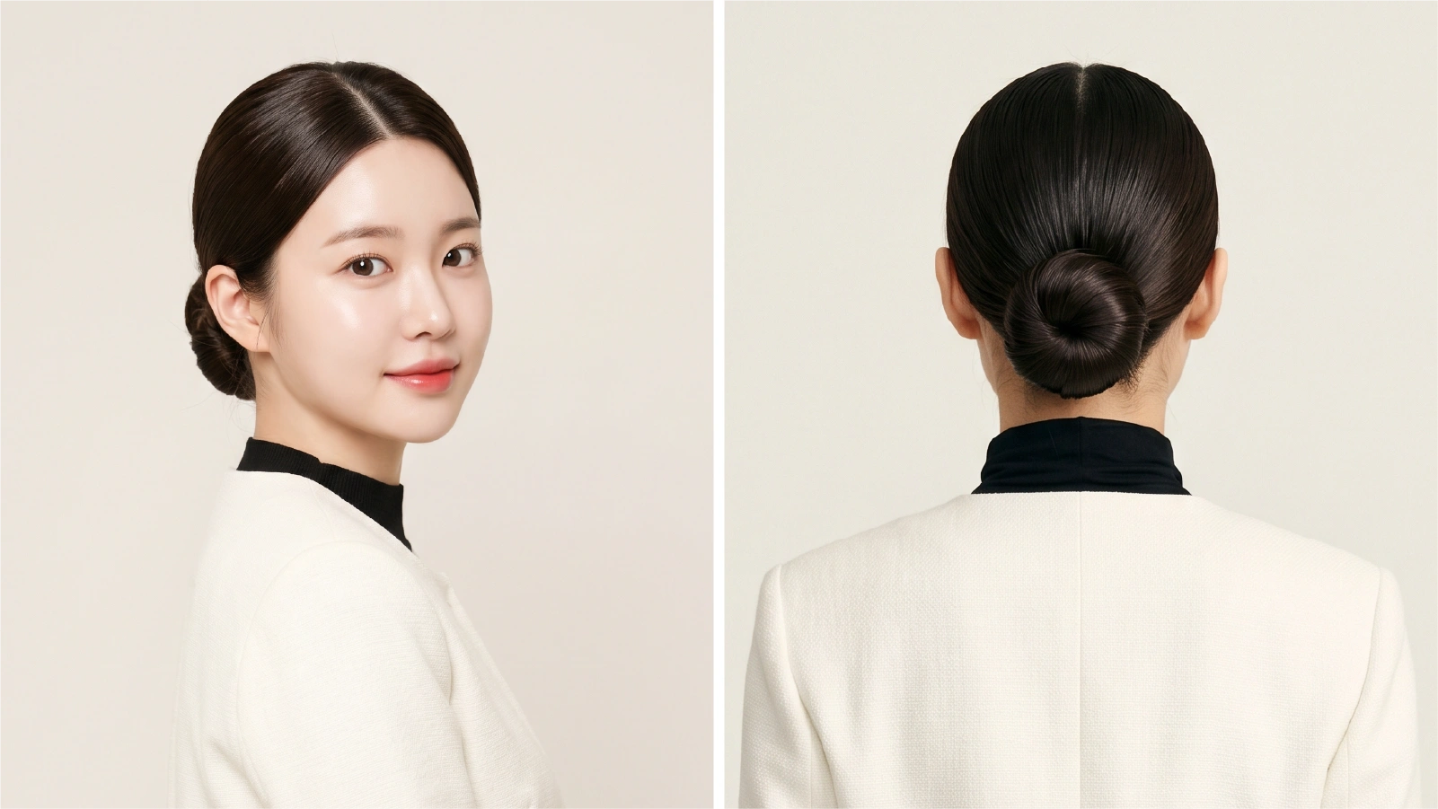 Polished slicked back bun at the nape shown from front and back on dark straight hair