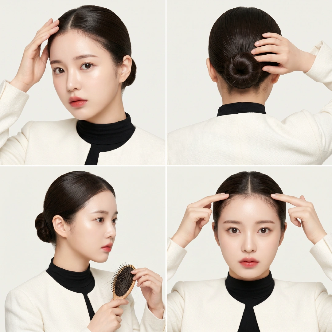 Four views showing slicked back bun damage signs including hairline thinning, scalp tension, and excessive brush shedding