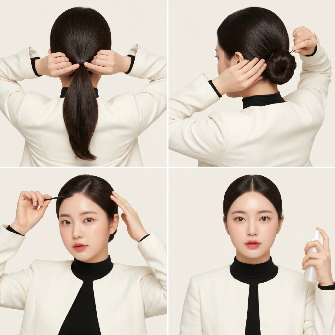 Four finishing steps for slicked back bun: securing with silk scrunchie, wrapping and pinning, smoothing edges with toothbrush, and hairspray finish