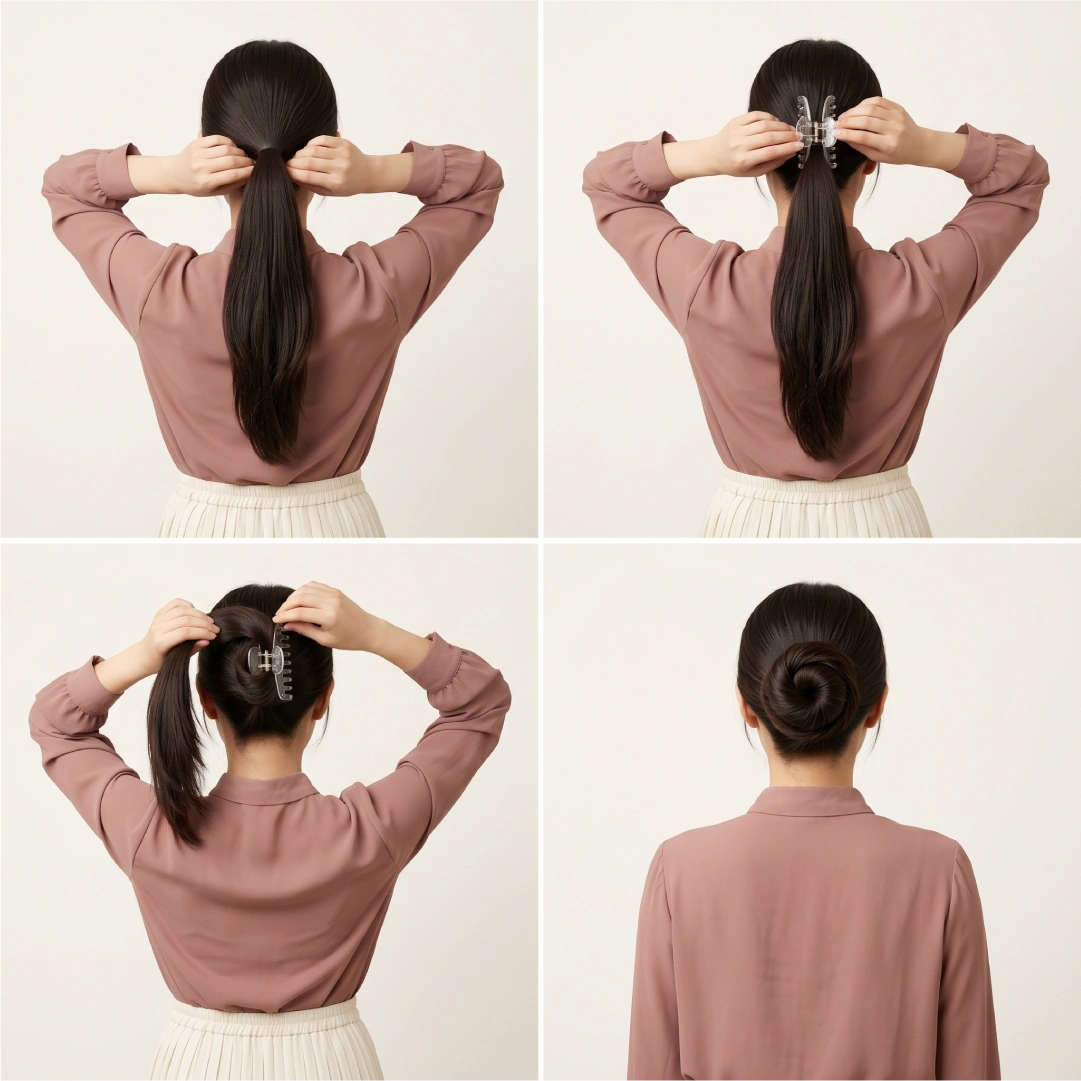 Four-step snail claw clip bun showing clip inserted at ponytail base, hair coiled around clip, and teeth tucked inward for seamless finish