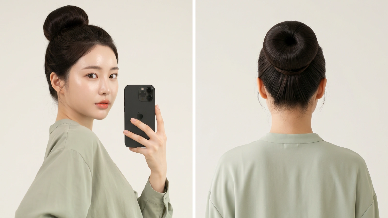 Polished high sock bun shown from front and back on dark straight hair