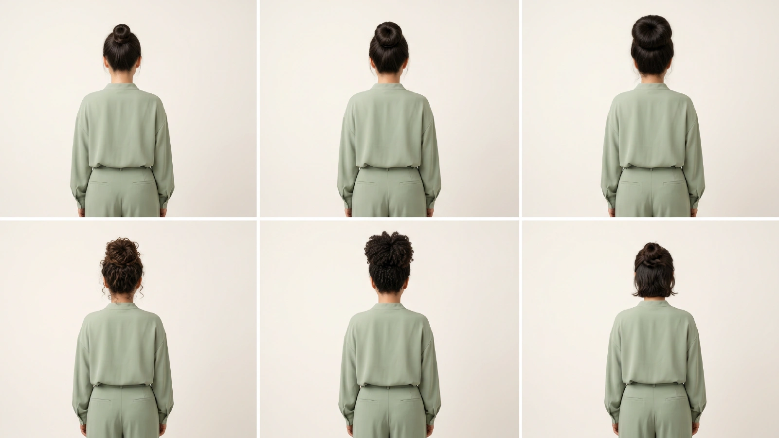 Six back-view comparisons of sock bun results on fine, medium, thick, curly, natural, and short layered hair