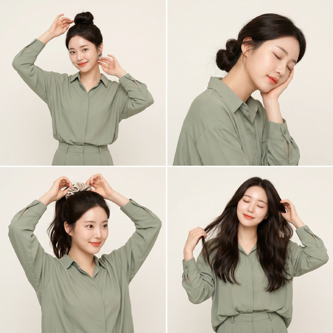 Four hair-healthy sock bun tips showing high bun, low nape bun, satin scrunchie use, and loose hair rest day
