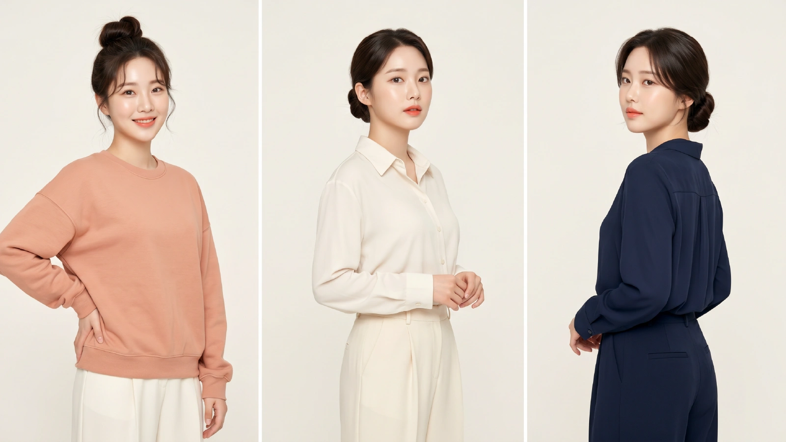 Three sock bun placements for different occasions: high casual bun, mid-head office bun, and low formal chignon