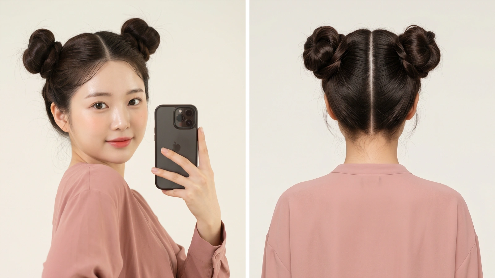 Finished space buns with center part shown from front and back on dark straight hair