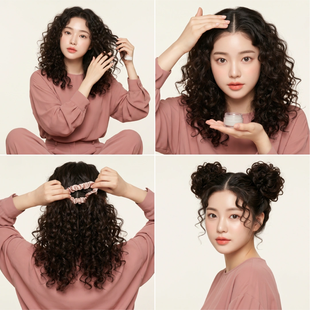 Space buns for curly natural hair styled with leave-in conditioner, edge gel center part, and satin-lined elastics