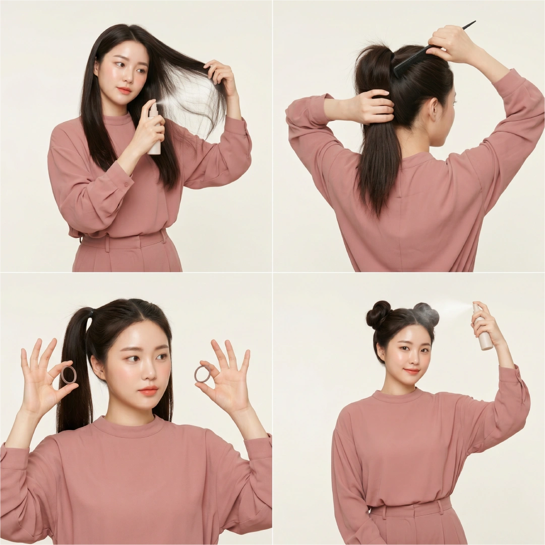 Space buns for fine straight hair using texturizing spray, backcombed ponytail base, and strong-hold hairspray