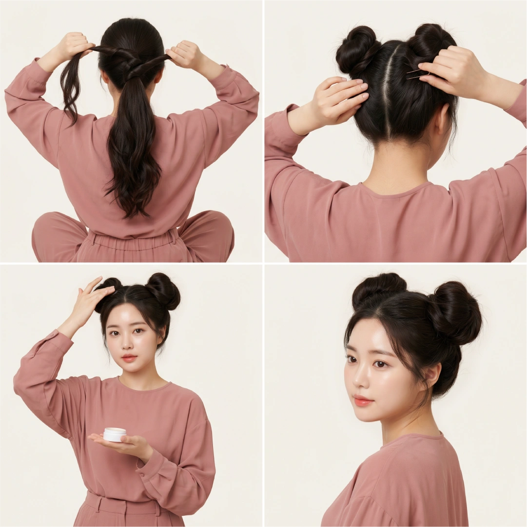 Space buns for thick coarse hair using split-ponytail twist method, U-shaped pins, and light pomade to control frizz