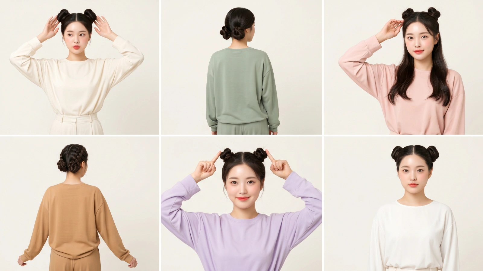 Six types of space buns including classic high, low relaxed, half-up, braided, mini, and sleek center-part styles
