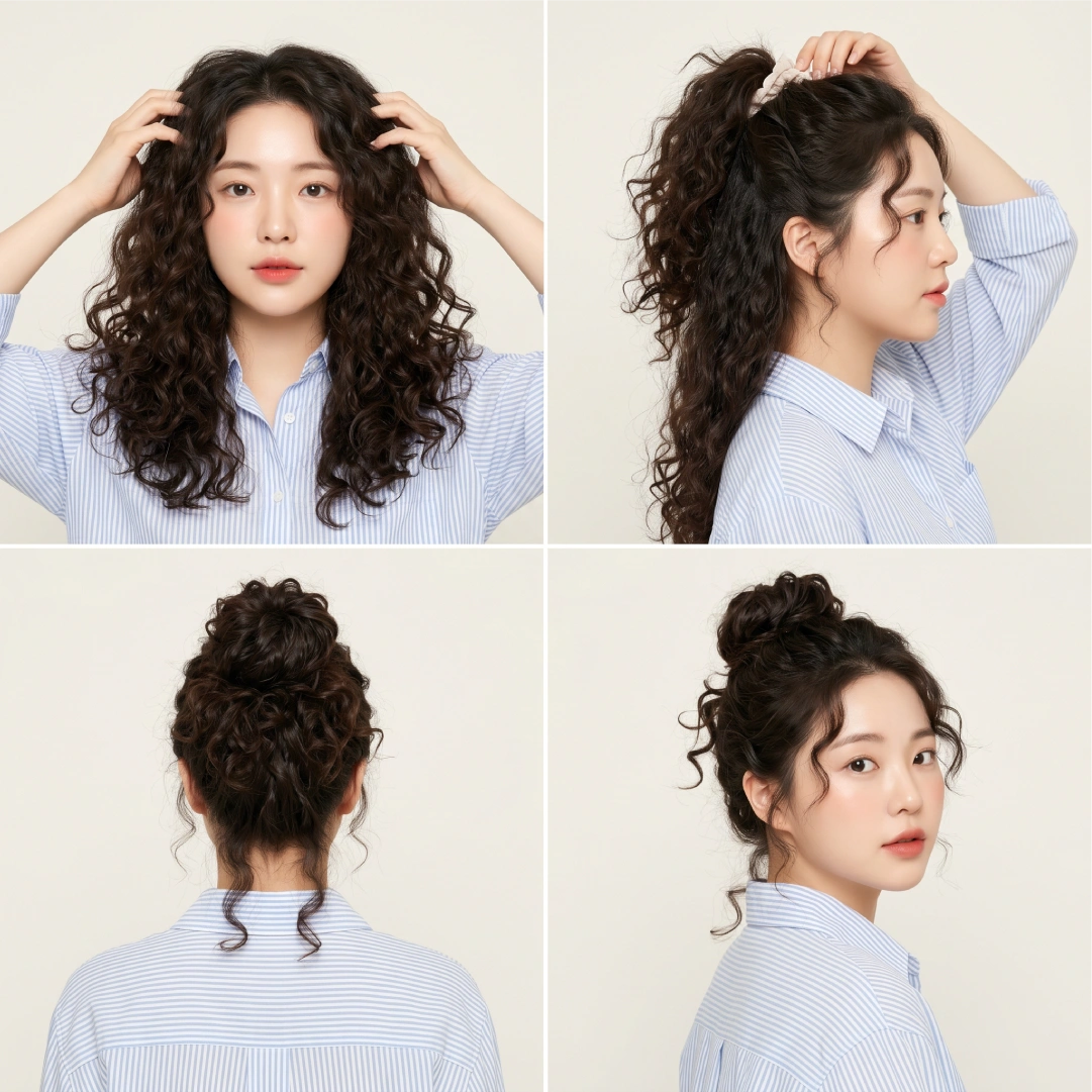 Top knot tutorial for curly thick hair showing finger-detangling, loose securing, and twisted bun variation with curls at nape