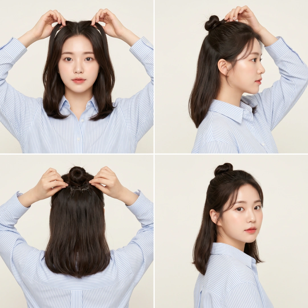Half-up top knot tutorial for short medium hair using crown section, bobby pins, and flowing hair down