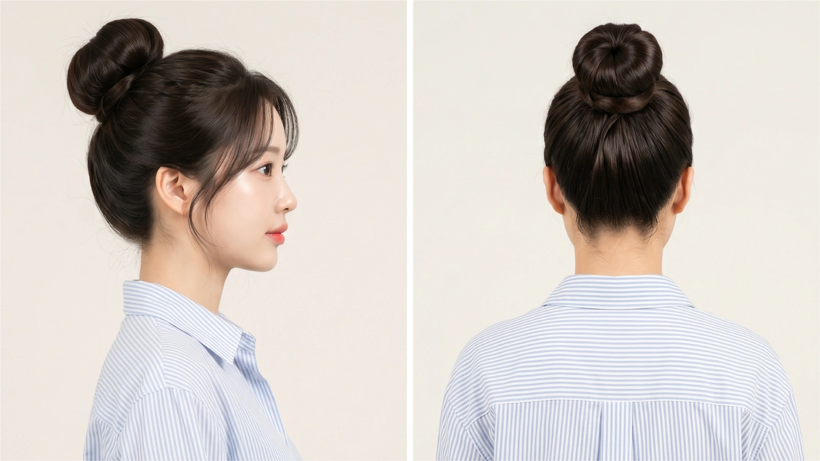Finished high top knot bun shown from side and back on dark straight hair with face-framing bangs