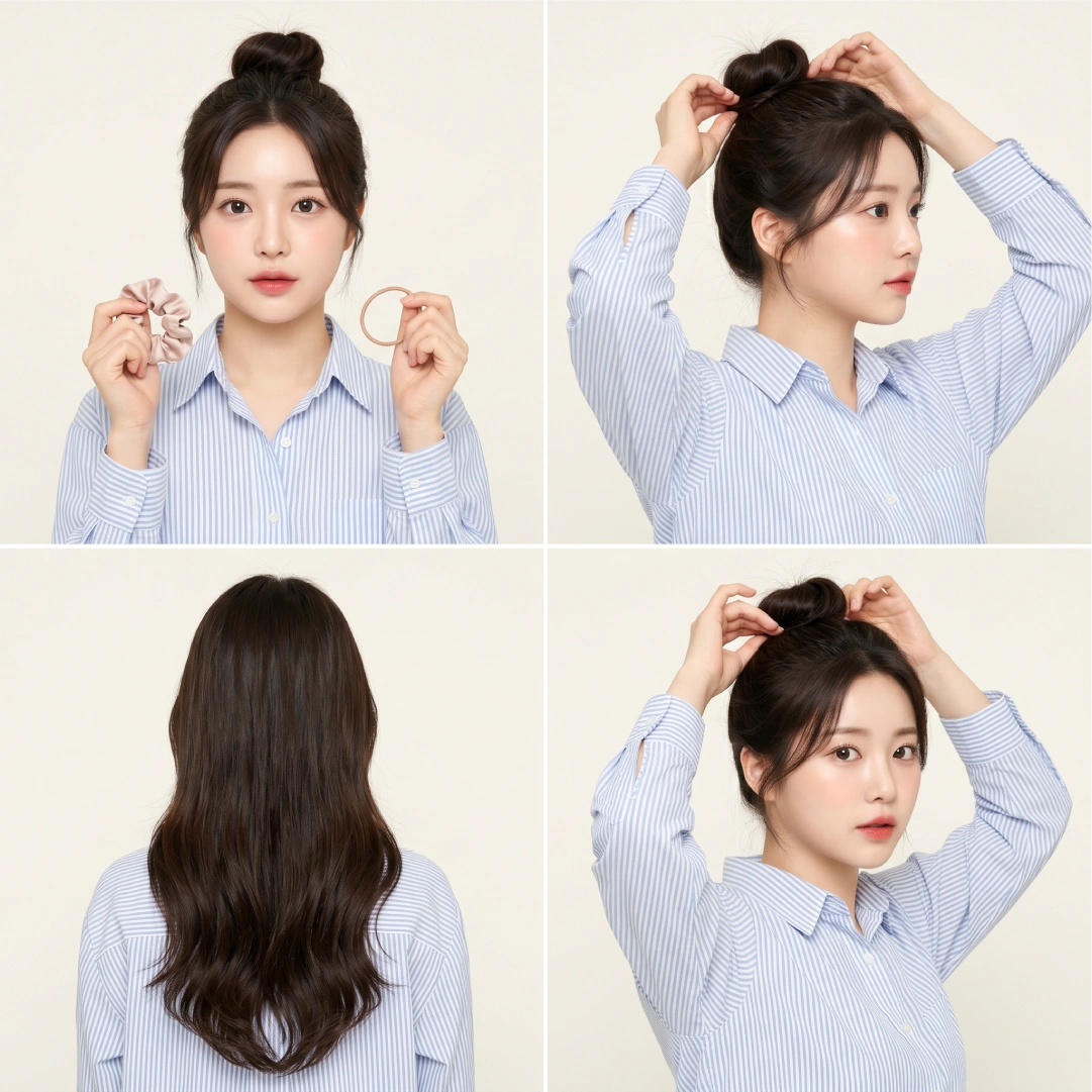 Safe top knot styling tips showing silk scrunchie vs rubber elastic, alternating placement, and loosened tension method