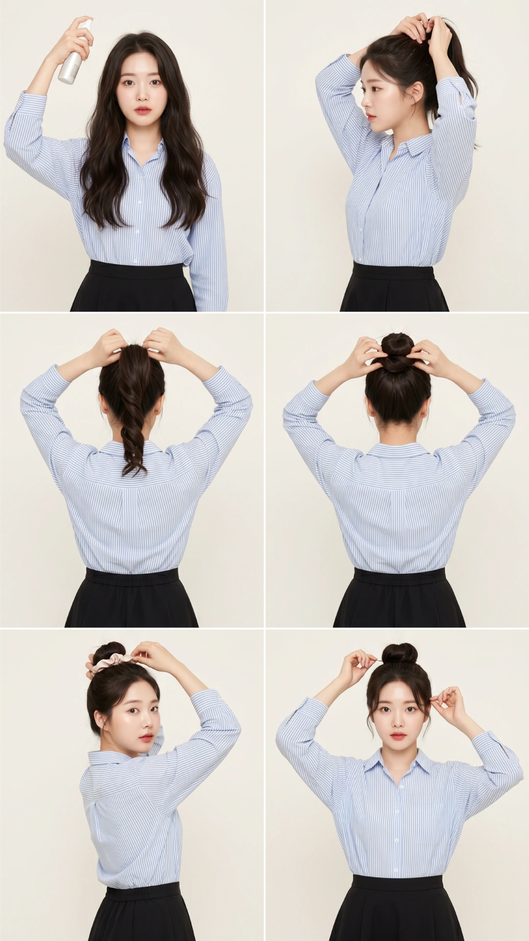 Six-step top knot tutorial for straight fine hair using texturizing spray, twist and coil method, and silk scrunchie