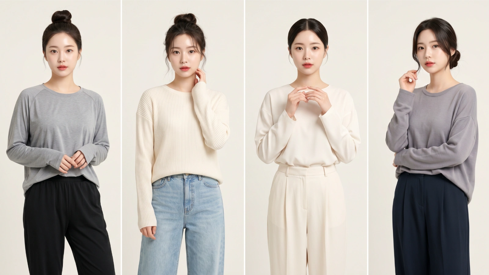 Four top knot outfit pairings showing casual, everyday, smart casual, and low bun styles side by side