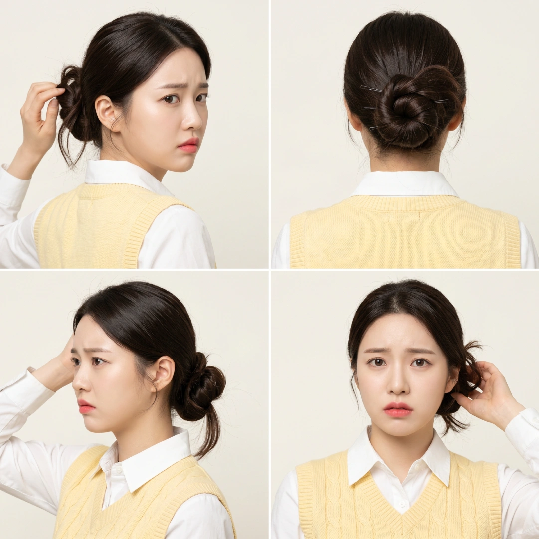Four twisted bun troubleshooting views showing loose bun from wrong bobby pin angle, slipping elastic base, and inconsistent twist direction