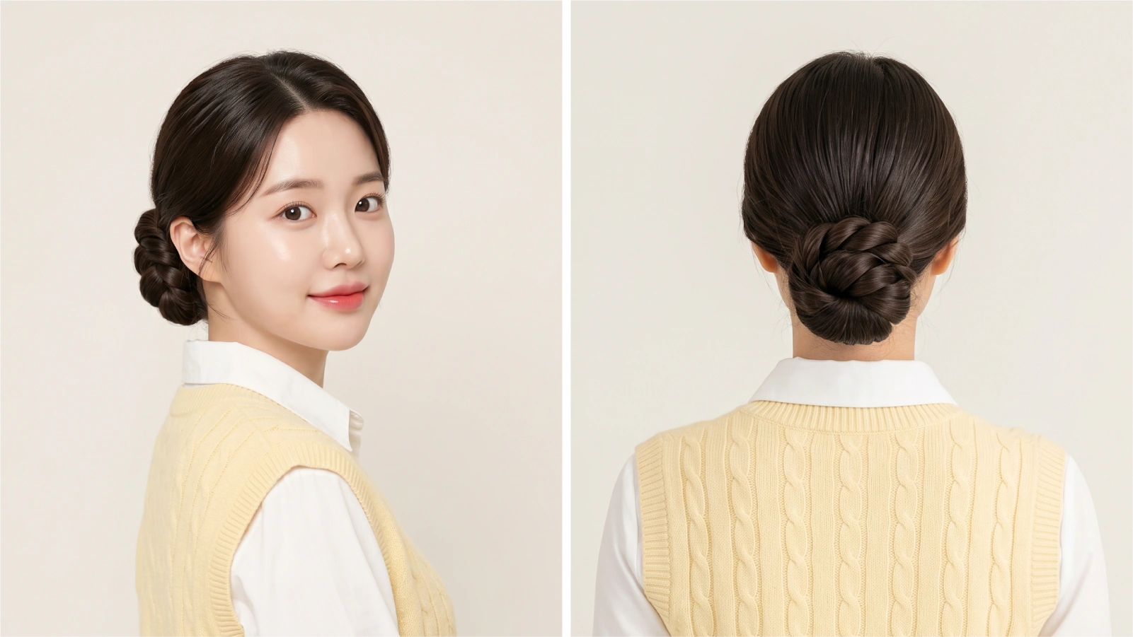 Finished low twisted bun at the nape shown from side and back on dark straight hair