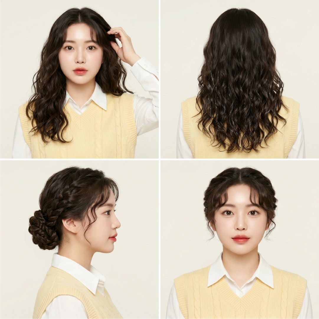Rope twisted bun on curly wavy hair using curl-defining cream on second-day hair for natural texture and dimension