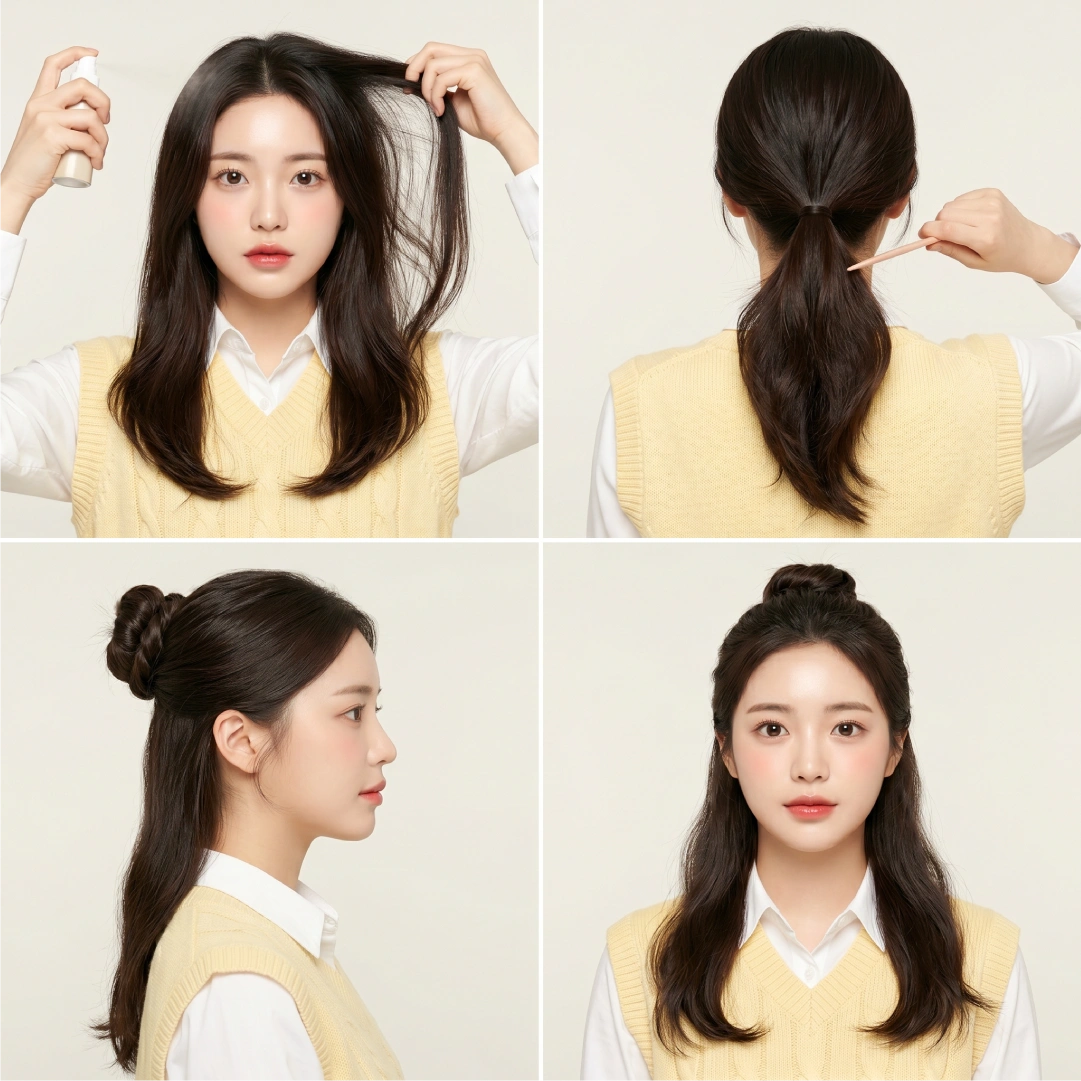 Half-up twisted bun tutorial for fine hair using texturizing spray, light backcombing, and hair donut for added volume