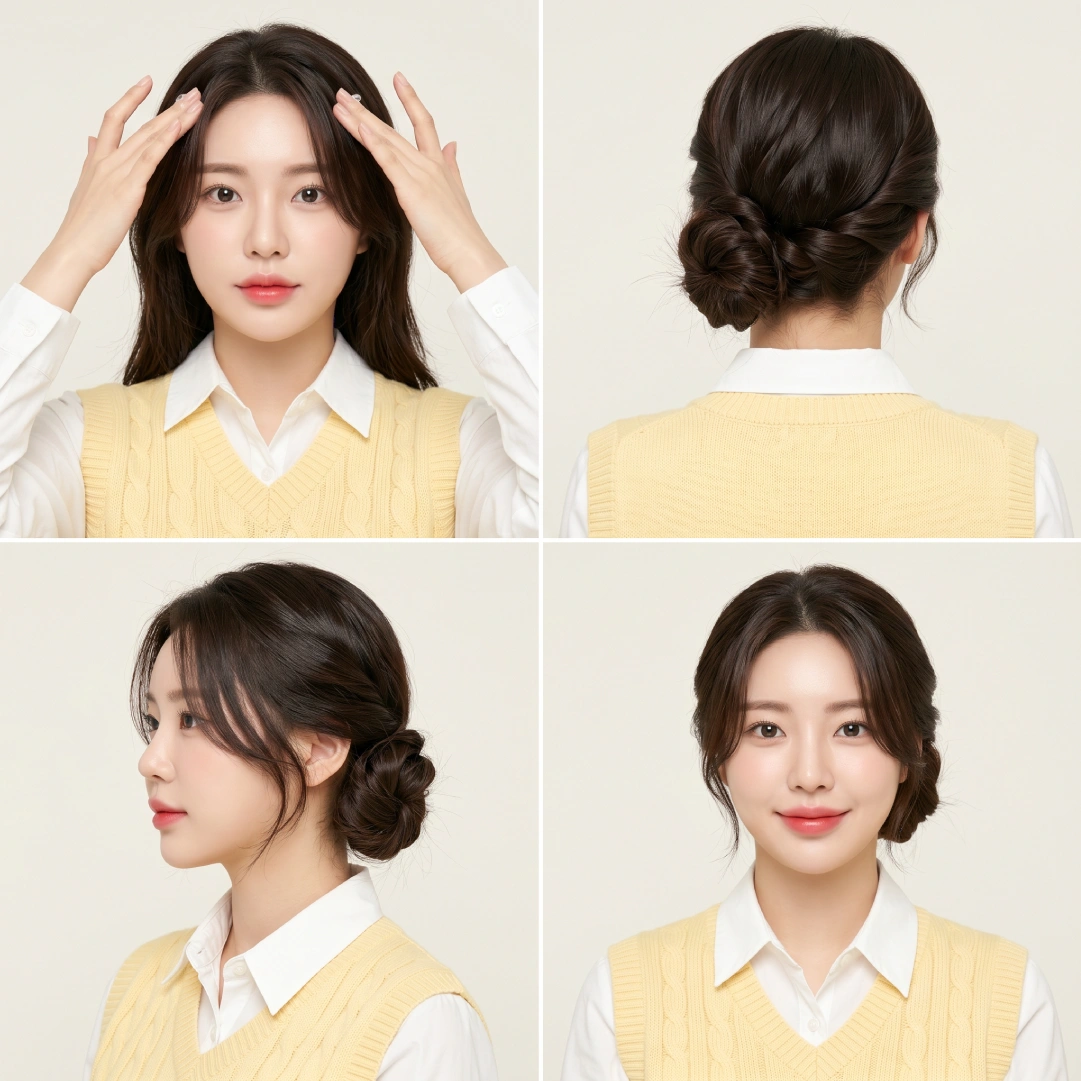 Side-swept twisted bun for layered hair with face-framing pieces styled using light-hold gel on front layers