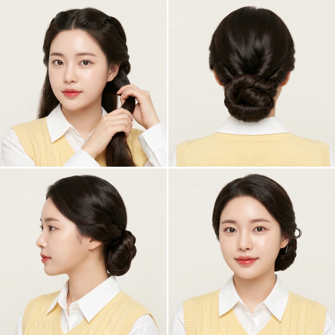 Sleek wrap twisted bun for thick coarse hair secured with spin pins instead of bobby pins to manage bulk