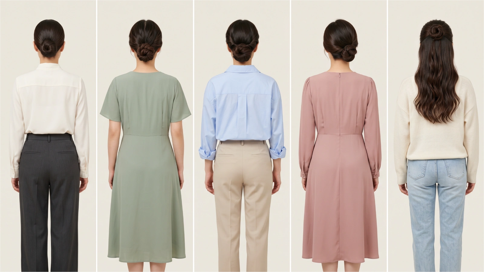 Five twisted bun variations from back view styled with formal, casual, and everyday outfits
