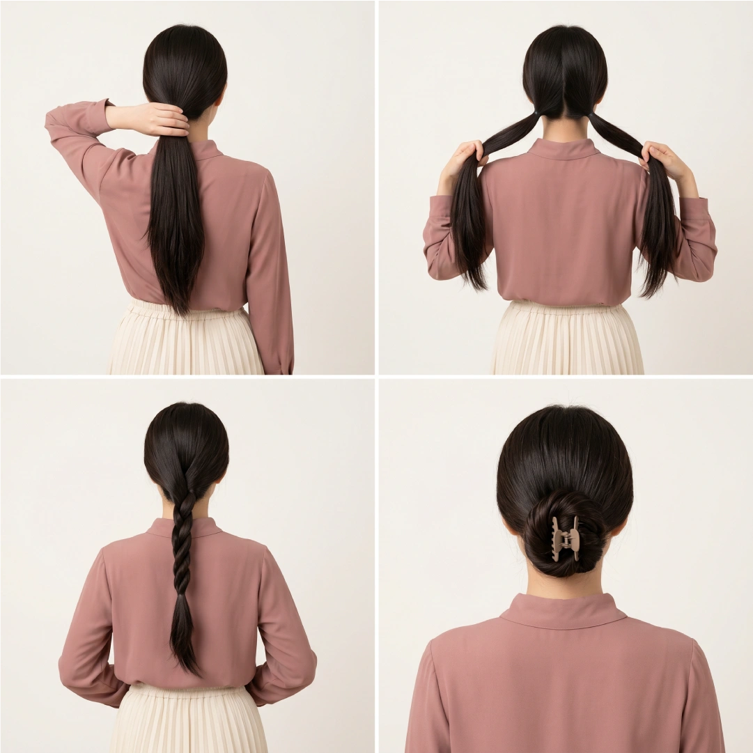 Four-step twisted claw clip bun tutorial showing two-section rope twist, coiling into bun shape, and horizontal clip securing