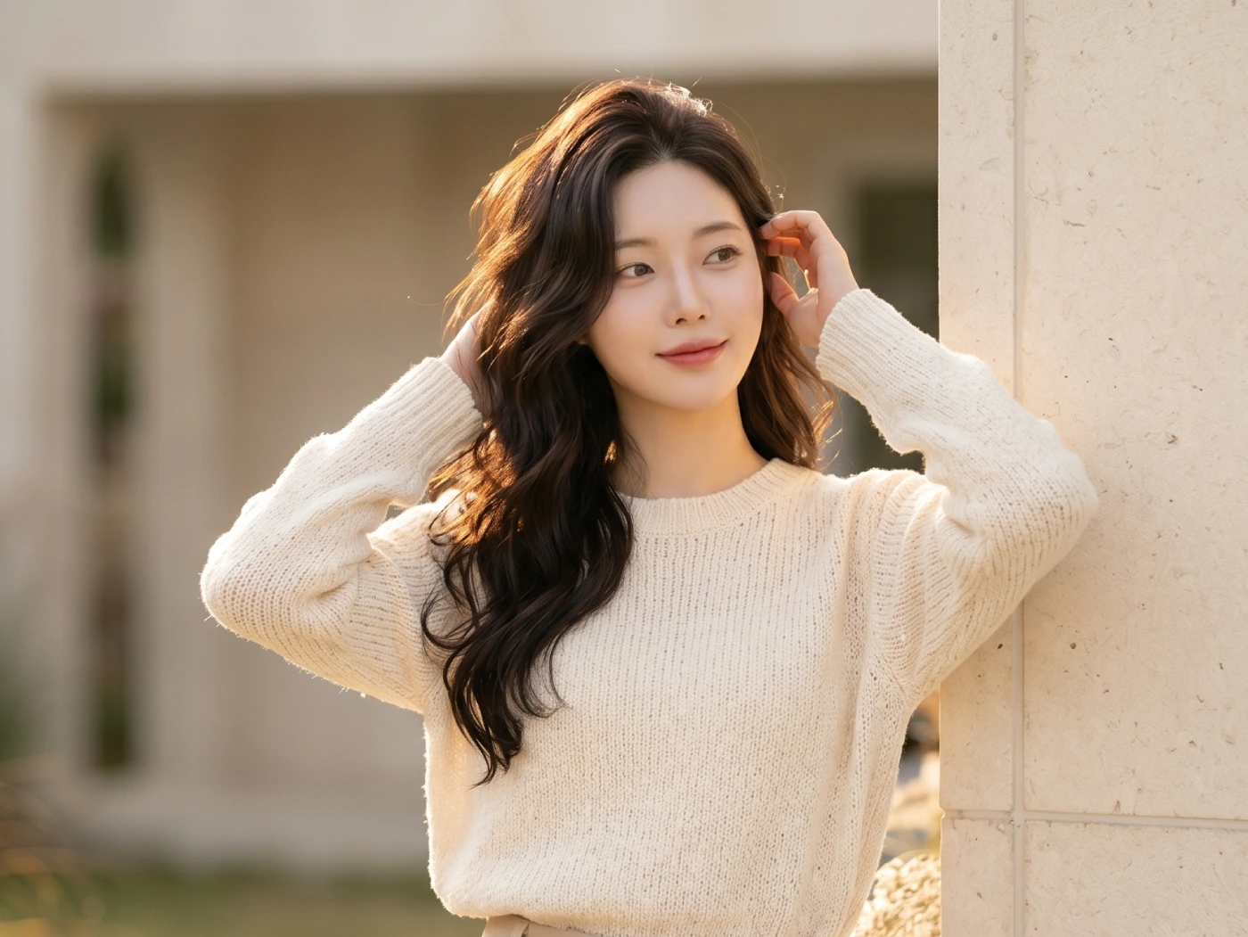 Woman with soft wavy dark hair leaning against a wall in outdoor natural light
