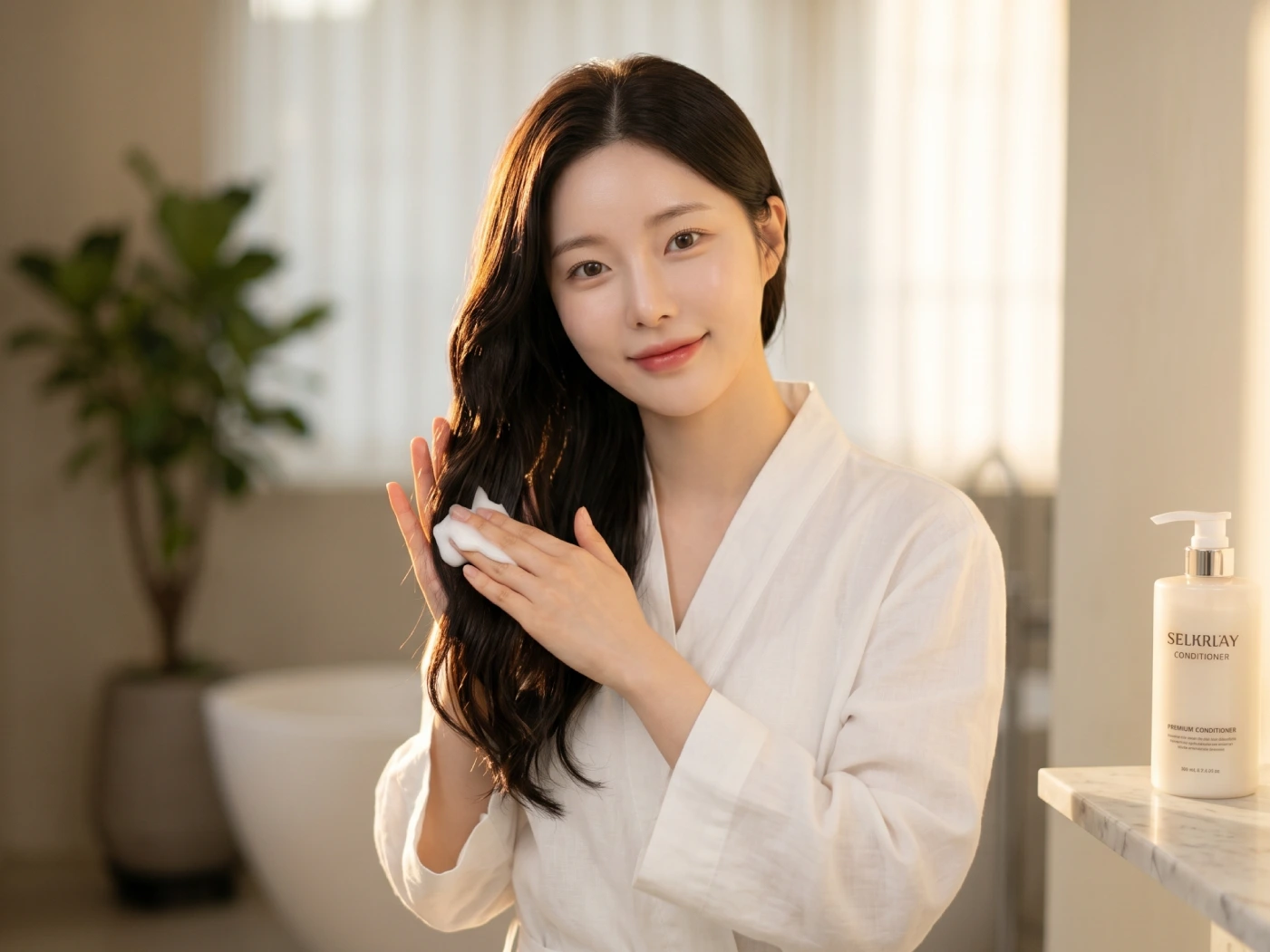 Woman in a white robe applying conditioner to her long dark wavy hair in a bathroom