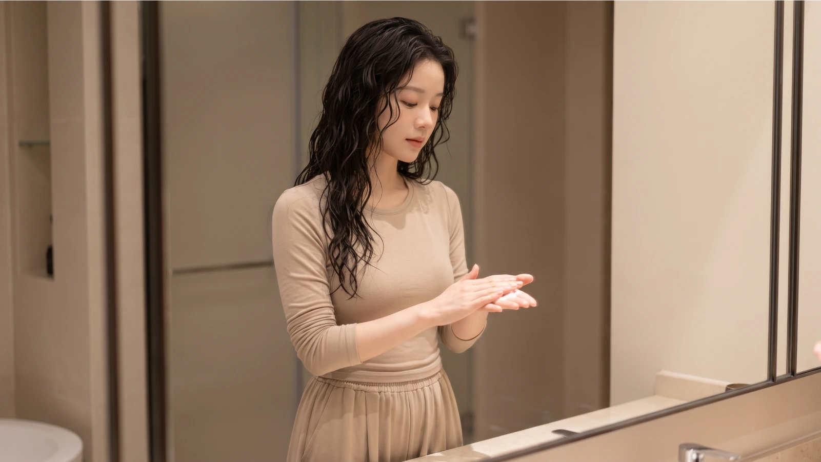 A young woman with damp wavy hair rubbing a lightweight hair product between her palms before applying it to her waves