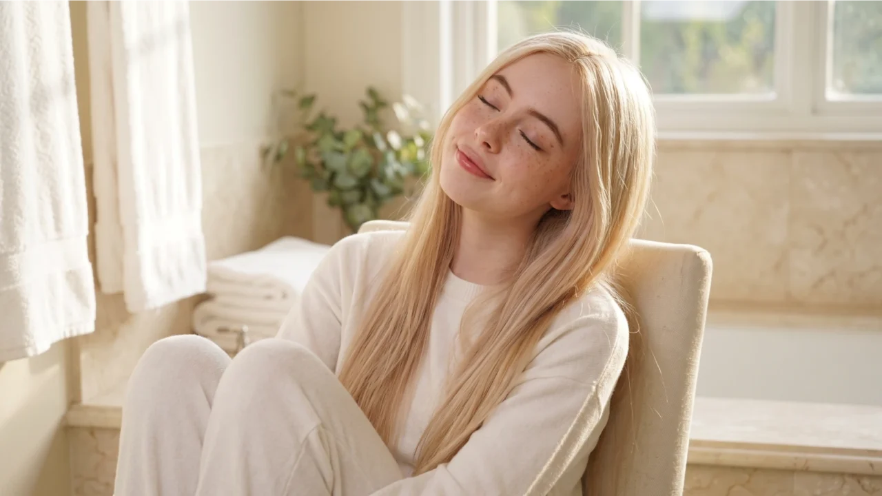Young woman with healthy bleached blonde hair sitting peacefully in a bright bathroom, representing a complete bleached hair care routine