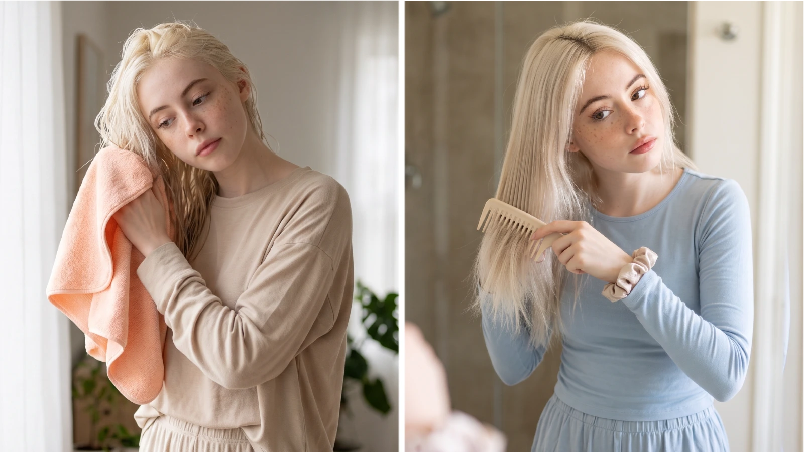 Young woman gently blotting wet bleached hair with a soft towel and detangling with a wide-tooth comb, showing key habits that prevent further breakage and damage