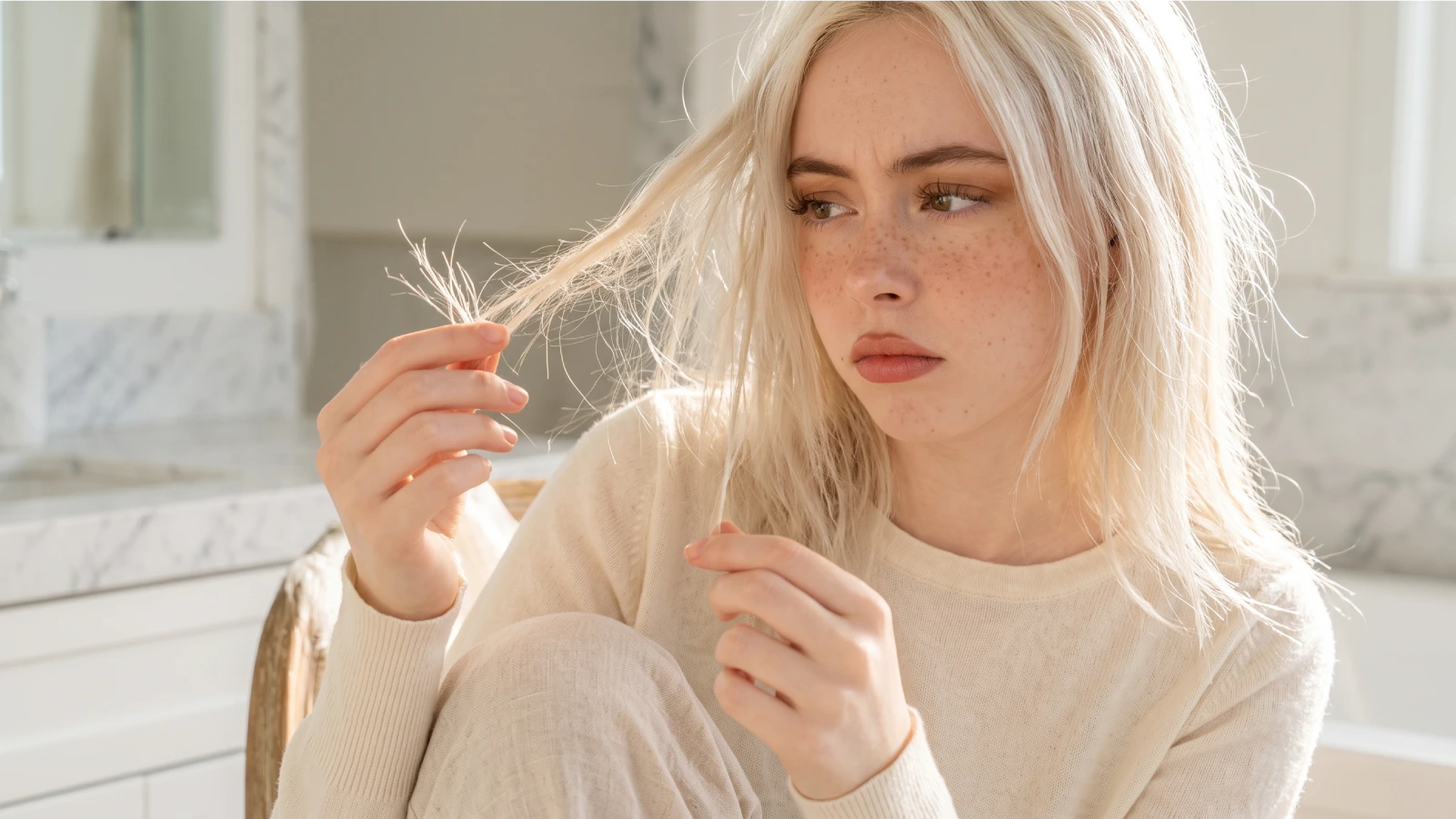 Young woman examining dry, split, and damaged bleached blonde hair strands, showing common signs of over-processed hair including brittleness and breakage
