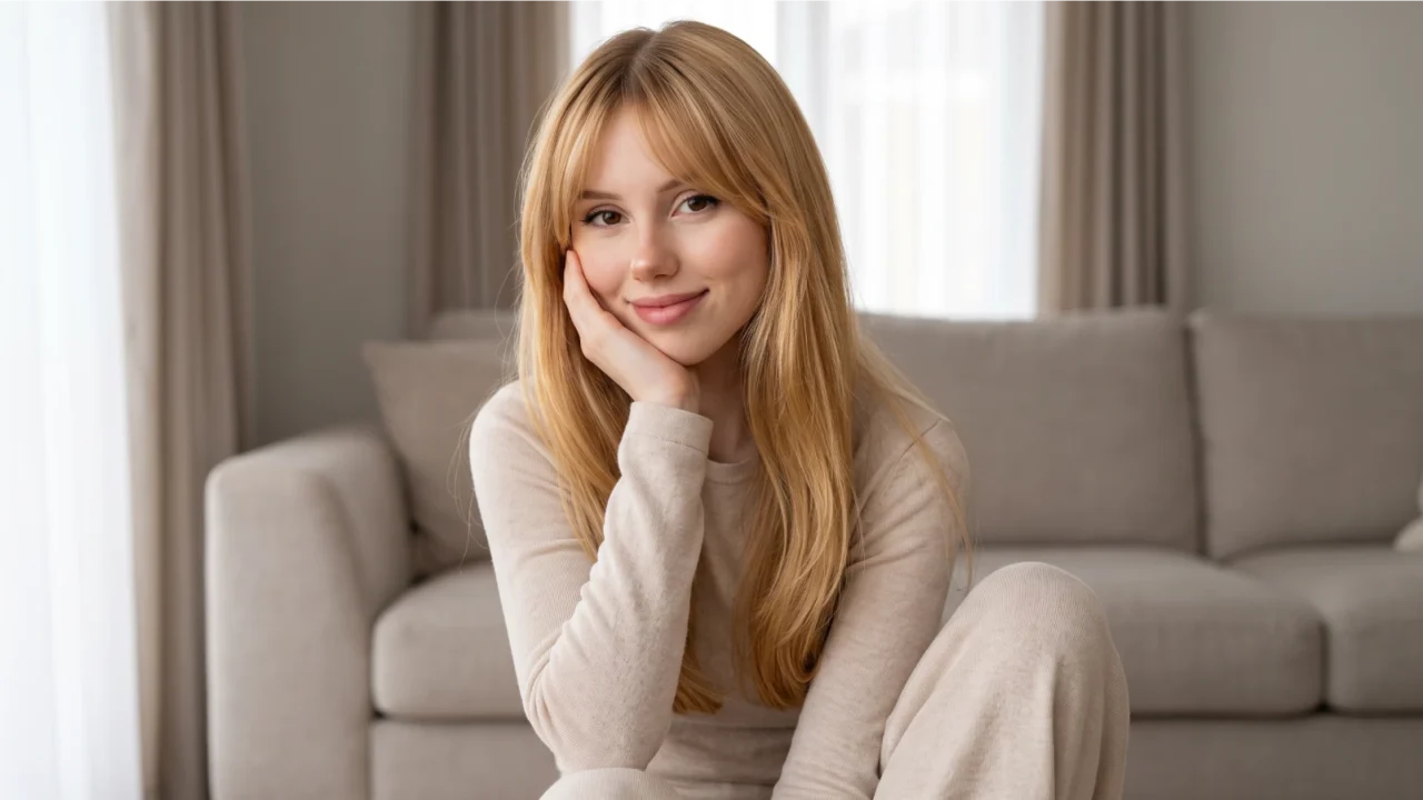 A young woman with healthy golden blonde colored hair sitting relaxed at home, representing a complete guide to colored hair care
