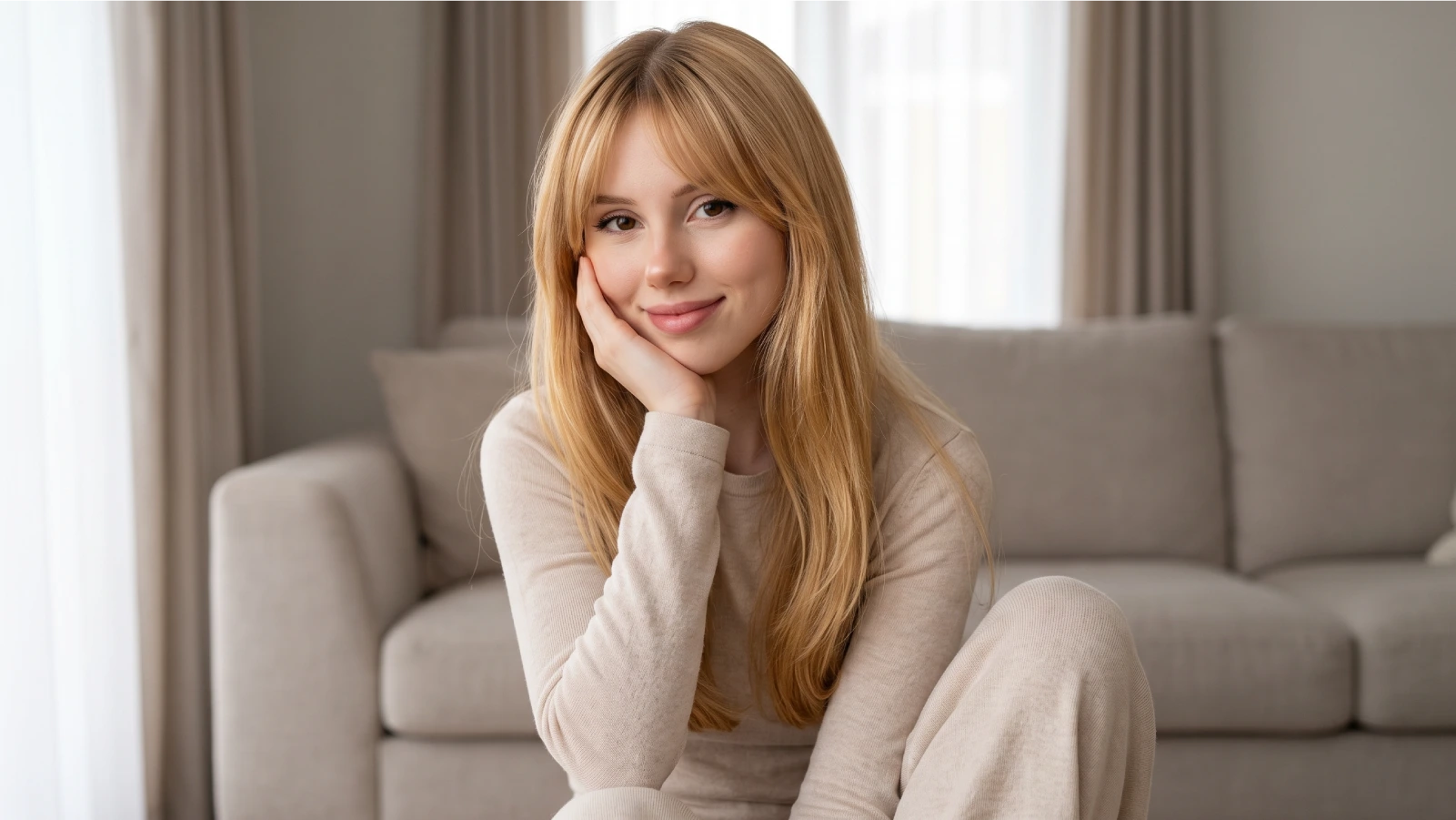 A young woman with healthy golden blonde colored hair sitting relaxed at home, representing a complete guide to colored hair care