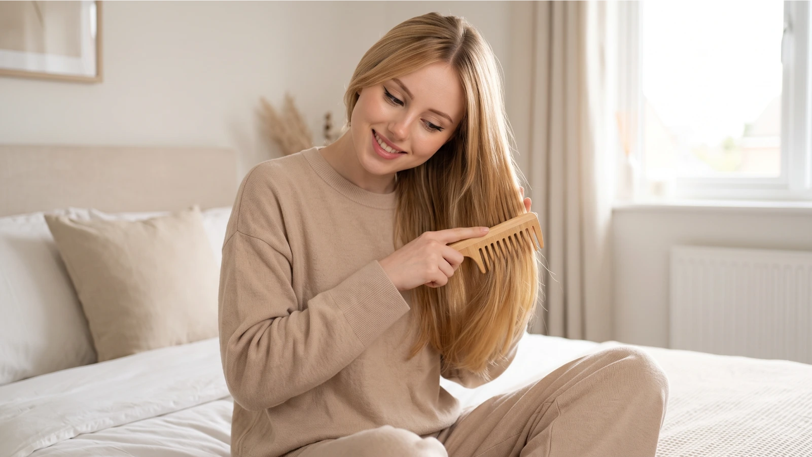 A young woman gently combing through her golden blonde colored hair, showing the careful handling that chemically treated and more porous hair requires
