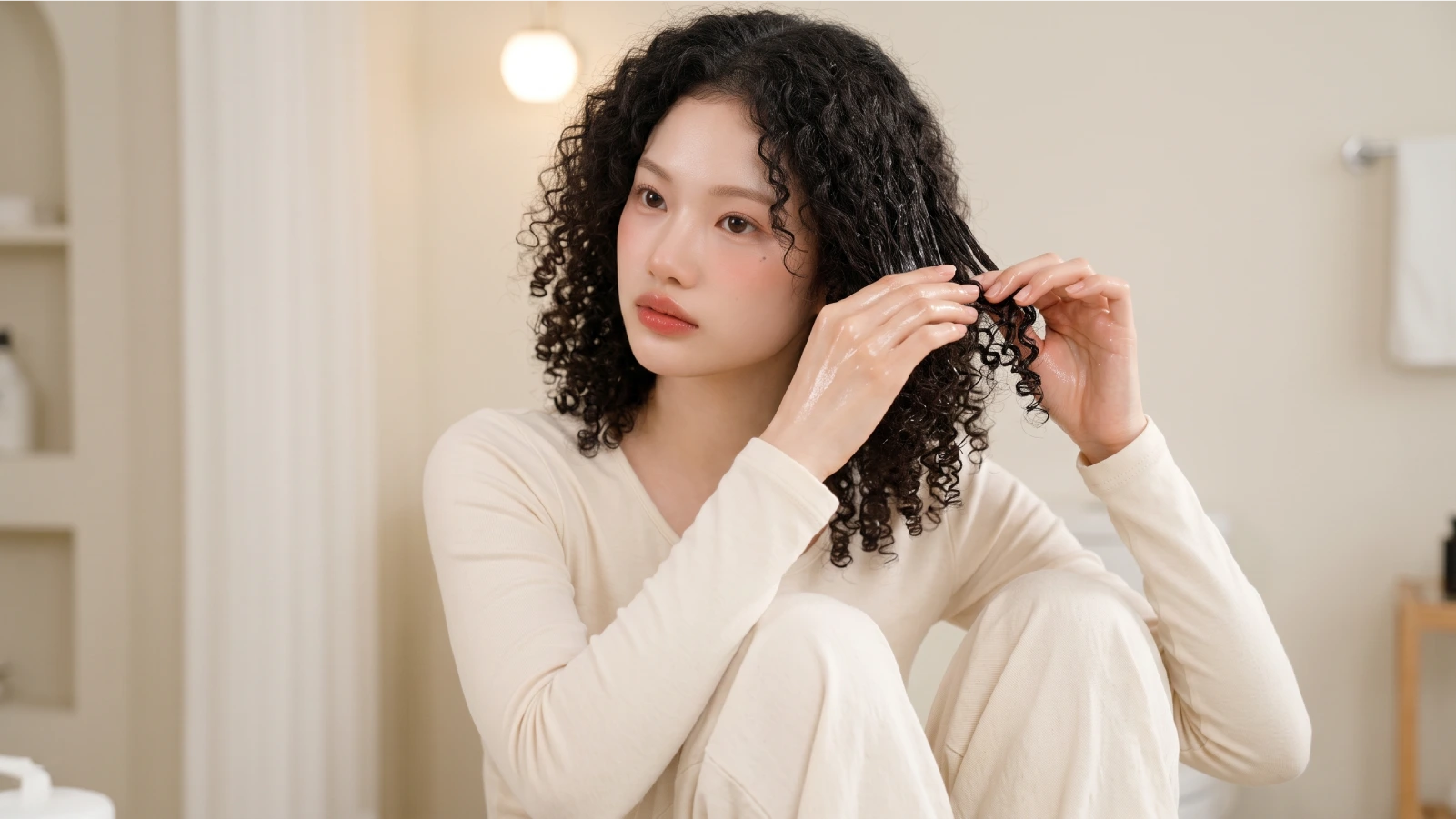 A young woman with curly hair applying oil to her curl ends with her fingertips to seal in moisture