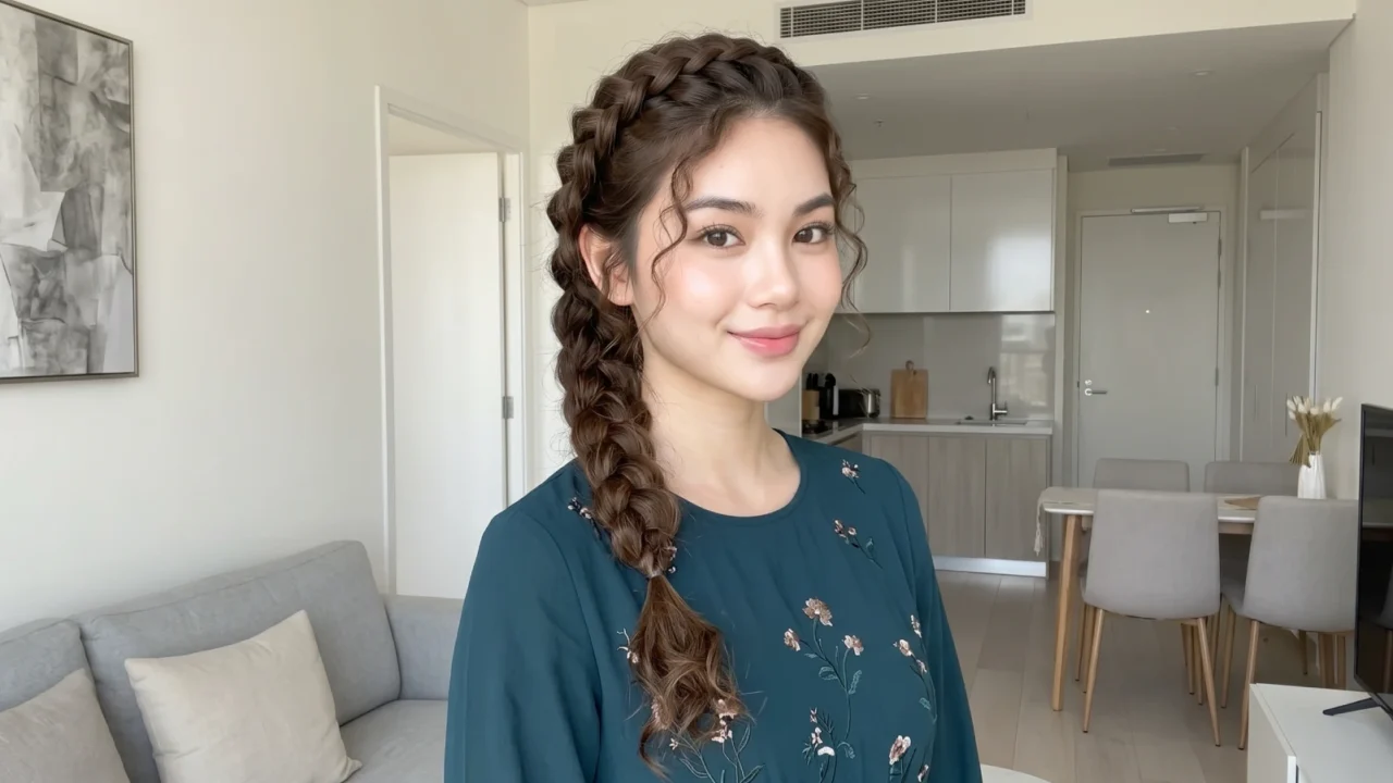 Woman with a raised, textured Dutch braid standing in a bright modern living room, wearing a modest floral top